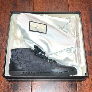 GUCCI SIGNATURE WOMENS HIGH TOP SNEAKERS, SIZE 37 1/2, BLACK NEW w Box Never Wor